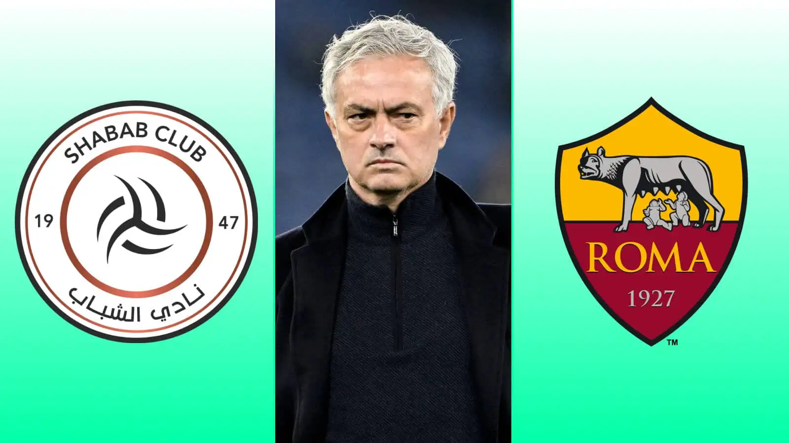 Jose Mourinho between the Al-Shabab and AS Roma badges