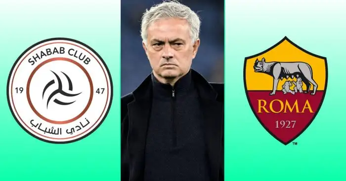 Jose Mourinho between the Al-Shabab and AS Roma badges